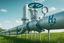 Ein Wasserstoffleitung, die über einen grüne Wiese führt mit der Aufschrift "H2", einem großen Ventil und einem Druckmesser. Im Hintergrund sind Windräder zu sehen. Der Himmel ist blau mit einzelnen Wolken.